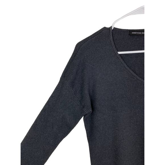 Something Navy Gray Black Sweater Pullover Ribbed V-Neck Slits Stretchy Small - Picture 4 of 8